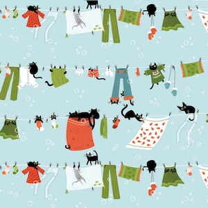 Dear Stella Cat Fabric - Sky Hanging Out - Cats in the Laundry - Leezaworks Collection - #ST-DLW3261SKY - Cotton - Fabric by the Yard