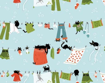 Dear Stella Cat Fabric - Sky Hanging Out - Cats in the Laundry - Leezaworks Collection - #ST-DLW3261SKY - Cotton - Fabric by the Yard