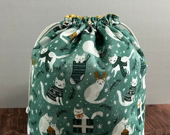 Christmas Cat Project Bag - Handmade - Drawstring Bag – Knitting Bag – Crochet Bag - Cross Stitch Bag - Craft Bag - Christmas