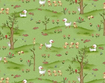 Henry Glass Duck Fabric -  River Romp by Sharon Kuplack - Green Ducks in the Meadow - #864-66 - Cotton Fabric - 1 Yard