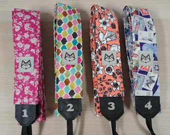 Camera Strap - Adjustable Handmade Fabric Camera Strap  - DSLR Strap - bird - floral - Stamps - Multi - Gift