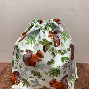 Squirrel Project Bag - Handmade - Drawstring Bag – Crochet Bag - Knitting Bag - Cross Stitch Bag - Animal - Woodland