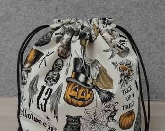 Bolsa para proyectos de Halloween - Hecha a mano - Bolsa con cordón - Bolsa de ganchillo - Saco para juguetes - Bolsa para punto de cruz - Calavera - Murciélago - Gato - Calabaza - Gótica