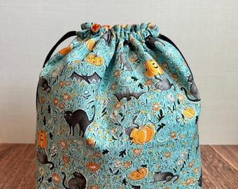 Bolsa para proyectos de Halloween - Hecha a mano - Bolsa con cordón - Bolsa para tejer - Bolsa de ganchillo - Bolsa para juguetes - Bolsa para bingo - Bolsa para punto de cruz - Gato - Murciélago