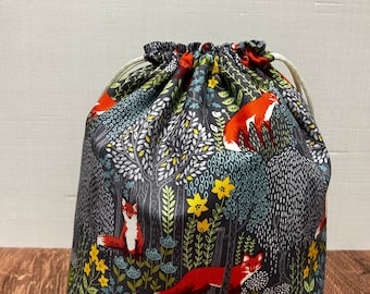 Bolsa para proyectos de zorros - Hecha a mano - Bolsa con cordón - Bolsa para tejer - Bolsa para crochet - Bolsa para lanas - Saco para juguetes - Bolsa para punto de cruz - Zorros - Floral