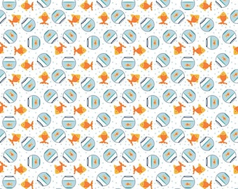 Riley Blake Fabric - Pet Goldfish White - Pet's Collection - C13655-WHITE - Lori Whitlock - Cotton Fabric - 1 Yard