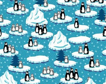 Winter Pingos Fabric - Snowflakes and Penguins Blue - A/S Fabrics - ST4497-090 - Cotton Fabric - 1 Yard