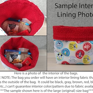 May include: A fabric bag with a red interior and a white exterior patterned with Disney characters. The bag is open, revealing yarn, crochet hooks, and other craft supplies. The text "Sample Interior Lining Photos" is visible.