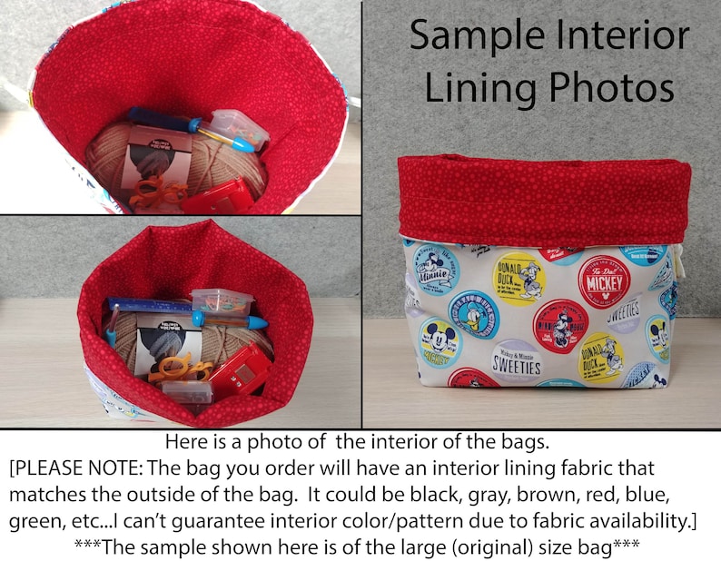 May include: A fabric bag with a red interior and a white exterior patterned with Disney characters. The bag is open, revealing yarn, crochet hooks, and other craft supplies. The text "Sample Interior Lining Photos" is visible.
