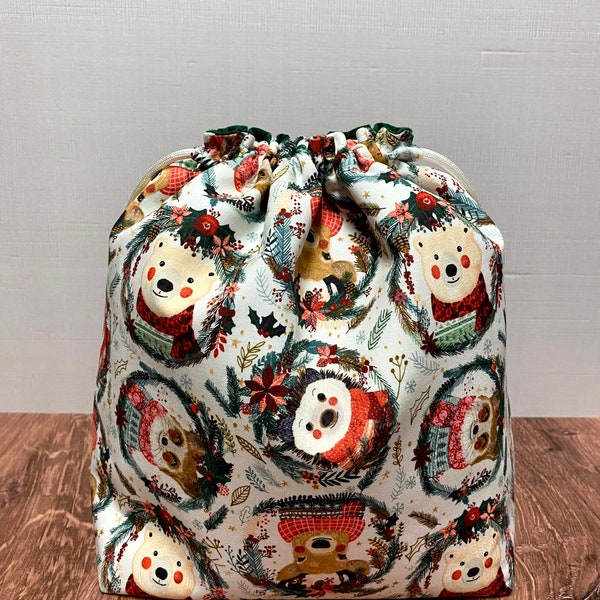Woodland Project Bag - Drawstring Bag – Knitting Bag – Crochet Bag - Toy Sack - Bingo Bag – Cross Stitch Bag - Bear - Deer - Hedgehog - Fox