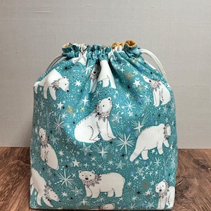 Arctic Polar Bear Project Bag - Drawstring Bag – Knitting Bag – Crochet Bag - Toy Sack - Cross Stitch Bag - Gift Bag - Craft Bag