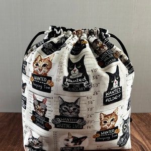 Cat Project Bag - Handmade - Drawstring Bag – Knitting Bag – Crochet Bag - Cross Stitch Bag - Bingo Bag - Mugshots - Wanted Cats