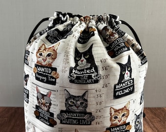 Cat Project Bag - Handmade - Drawstring Bag – Knitting Bag – Crochet Bag - Cross Stitch Bag - Bingo Bag - Mugshots - Wanted Cats