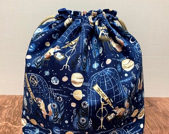 Bolsa para proyecto Zorro Celestial - Hecha a mano - Bolsa con cordón - Bolsa para tejer - Bolsa para crochet - Saco para juguetes - Bolsa para punto de cruz - Espacio - Telescopio