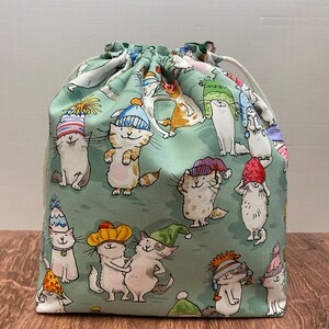 Cat Project Bag - Handmade - Drawstring Bag – Knitting Bag – Crochet Bag - Toy Sack - Bingo Bag – Cross Stitch Bag -cats in hats