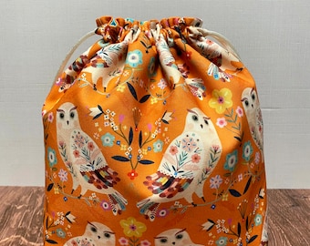 Bolsa para proyectos de búho - Hecha a mano - Bolsa con cordón - Bolsa para tejer - Bolsa de ganchillo - Bolsa para juguetes - Bolsa para bingo - Bolsa para punto de cruz - Pájaro - Bosque