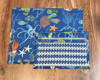 Vinyl Cross Stitch Project Bag - Embroidery bag - Knitting & Crochet Bag - Storage - Ocean Project Bag - Notions (DARK BLUE)