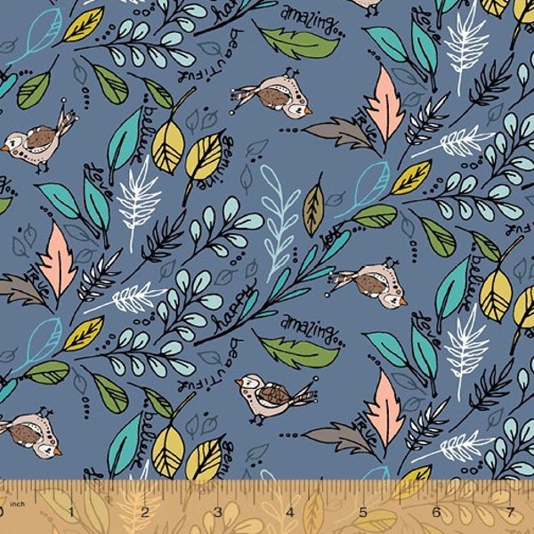 Windham Jaye Bird Fabric - Flying Foliage - Blue - Cotton -  Fabric - 1 Yard - Birds - Floral - Whistler Studios - Kori Turner