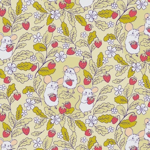 May include: A repeating pattern featuring white mice holding red strawberries amidst green leaves, white flowers, and red strawberries on a light yellow background. The design has a whimsical, cartoonish style, perfect for fabric or wallpaper.