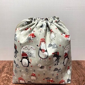 Penguin Project Bag - Drawstring Bag – Knitting Bag – Crochet Bag - Toy Sack - Bingo Bag – Cross Stitch Bag - Birds - Winter - Gray