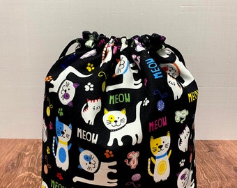Cat Project Bag - Handmade - Drawstring Bag – Knitting Bag – Crochet Bag - Cross Stitch Bag - Toy Sack - Bingo Bag - Rainbow