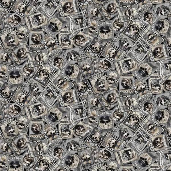 Timeless Treasures Grey Skull Patches Motorcycles Fabric - Reaper's Ride - Bike - CD2416 - Grey - TT Fabric Cotton Fabric - 1 Yard