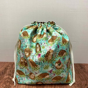 Hedgehog Project Bag (GREEN) - Handmade - Drawstring Bag – Knitting Bag – Crochet Bag - Cross Stitch Bag - Toy Sack - Bingo Bag - Hedgehogs