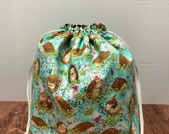 Bolsa para proyectos de erizos (VERDE) - Hecha a mano - Bolsa con cordón - Bolsa para tejer - Bolsa para ganchillo - Bolsa para punto de cruz - Bolsa para juguetes - Bolsa de bingo - Erizos