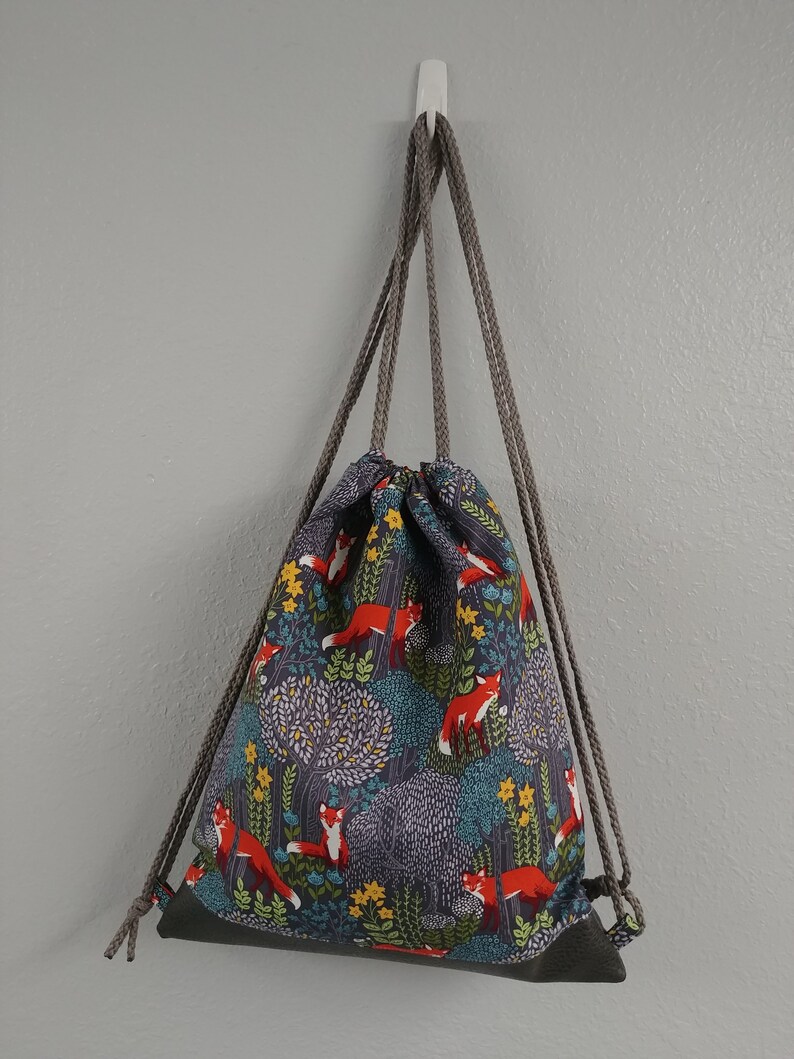 Toy Sack Handmade Drawstring Bag \u2013 Drawstring Backpack Fox On the Go Bag Fox Drawstring Bag Floral PURPLE