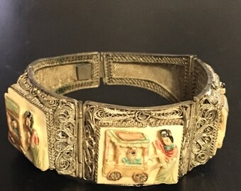 Antique Chinese carved ox bone in filigree bracelet