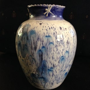 Cobalt blue and white speckled drip glaze studio art pottery vase with dragonflies
