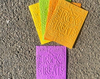 Halloween 5 pack cards, Halloween card set, holiday cards, embossed card set, spooky cards, trick or treat, cauldron, spooky cute, card gift
