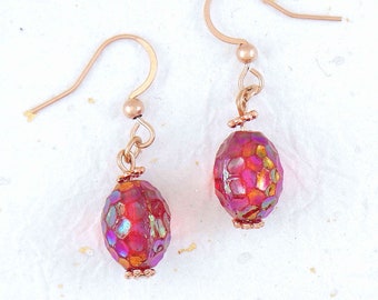 Iridescent deep red vintage glass raspberry earrings on rose gold hypoallergenic stainless steel hooks