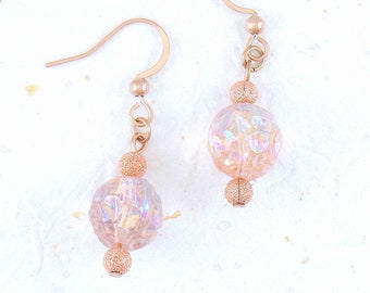 Iridescent light peach vintage glass raspberry earrings on rose gold hypoallergenic stainless steel hooks