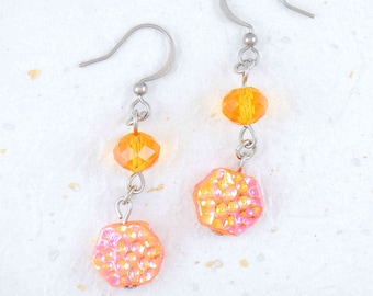 Vintage glass hexagonal earrings with crystals on hypoallergenic stainless steel hooks in orange, turquoise and fuchsia