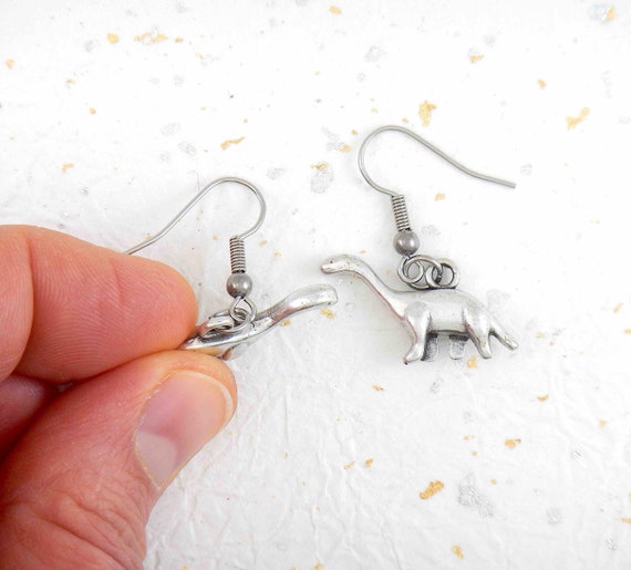 pewter earrings on hypoallergenic stainless steel hooks Brontosaurus dinosaurs
