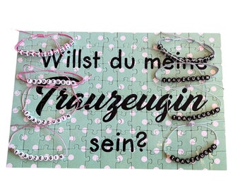 Puzzle und Armband Armkette Macramearmband "Willst du meine Trauzeugin sein?" 60 verschiedene Farben