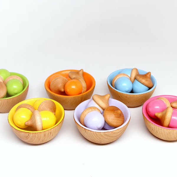 Color Sorting Toy (18 Acorns  6 Bowls) / Kids Eco Friendly Handmade Toy / Educational Toy / Montessori Toy / Waldorf Toy