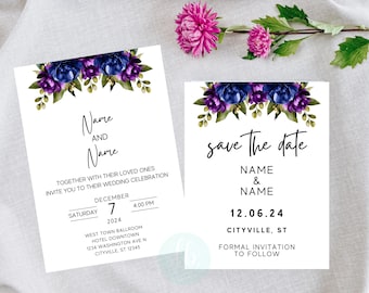 Plantilla de invitación de boda floral: flores azules y moradas (plantilla de Canva)