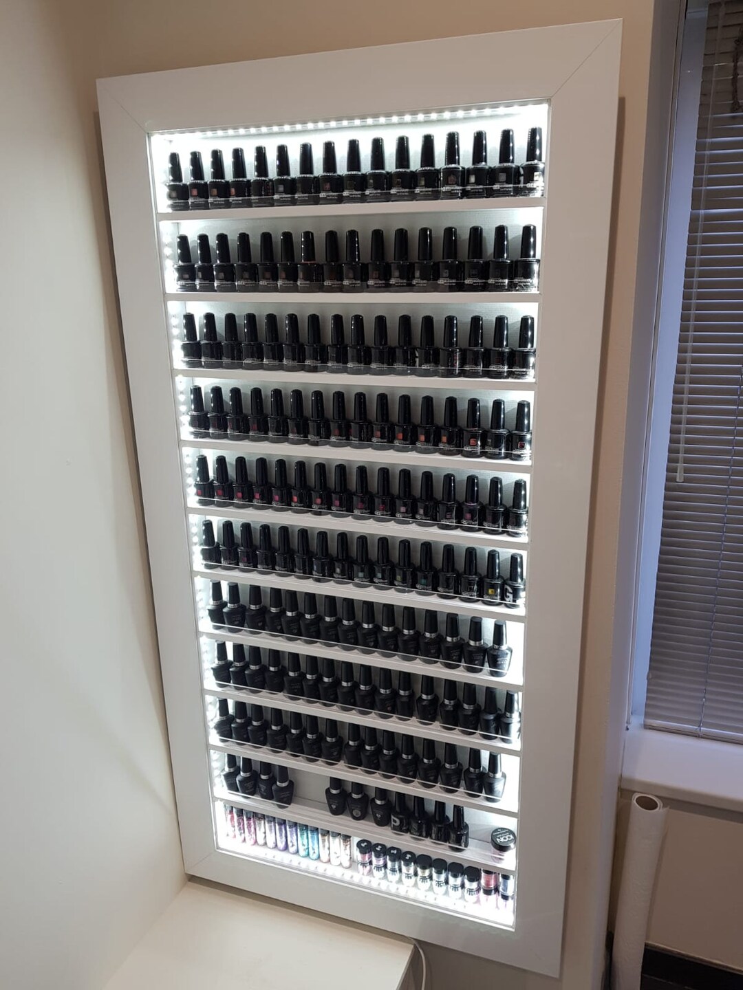 Nail Polish Rack Display Frame Plain Gloss White With LED Lighting