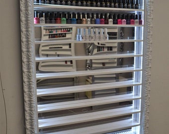 Nail polish rack display frame ornate white gloss with mirror Perspex and LED illumination super size