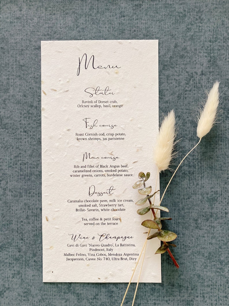 Seeded paper menu wedding menu plantable paper wedding Etsy