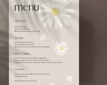 Digital printable daisy wedding and event menu | Personalised menu | Modern wedding menu | Fun colourful event menu | editable menu template