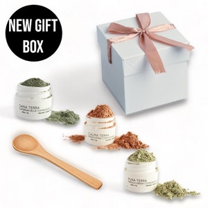 Complete Mini Spa Gift Set, Vegan Clay Facial Mask Samplers with wooden spoon, Great Self-care, Bridesmaids, Stocking Stuffers Gifts for Her Set w/White Gift Box