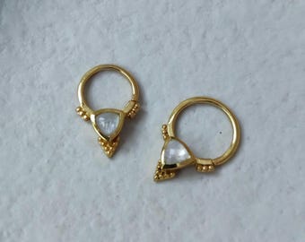 Triangle Septum Jewelry Gold ⎜Moonstone, Abalone Shell, Black Onyx and Opal