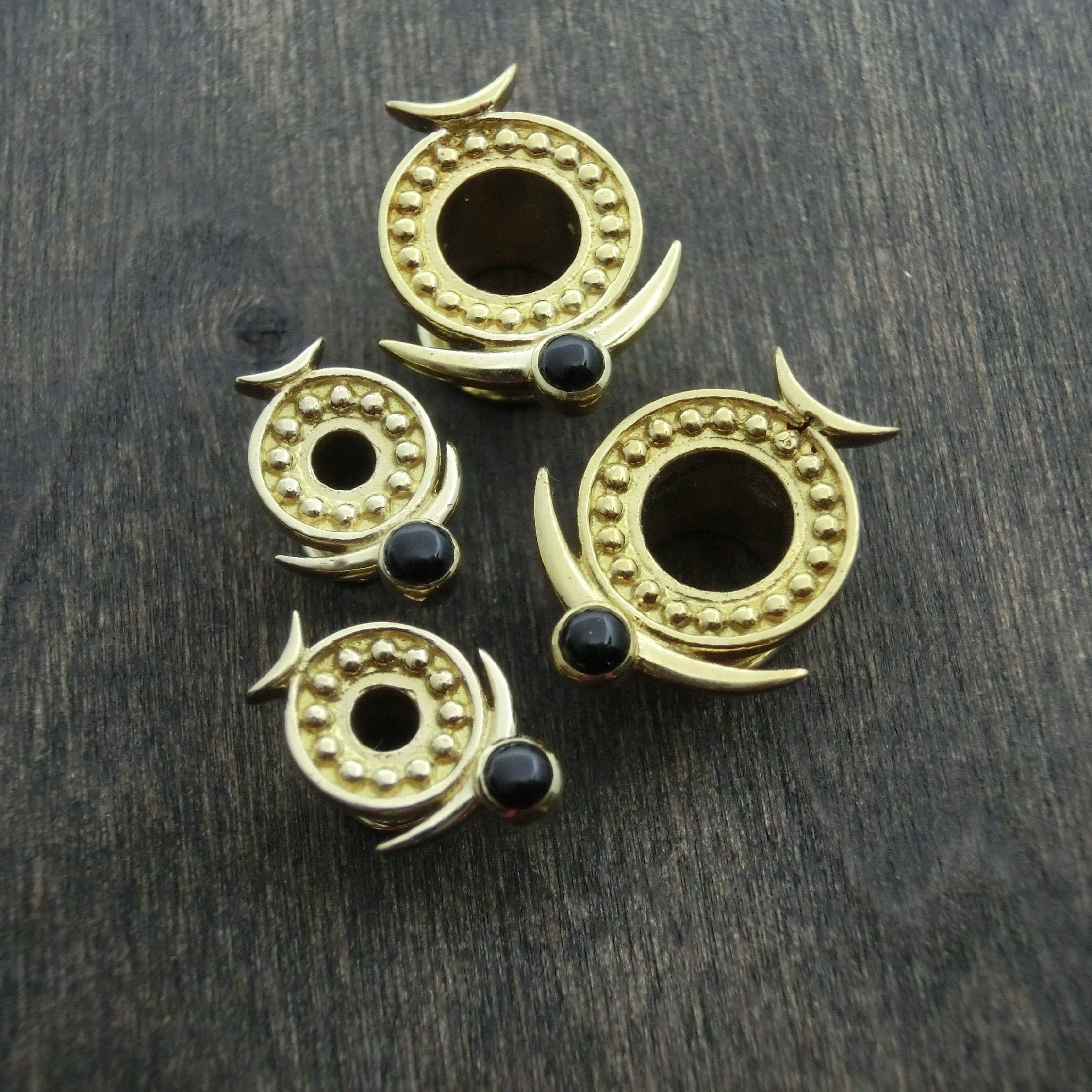 Brass Tunnels with Black Onyx or Moonstone ⎜4-12 mm