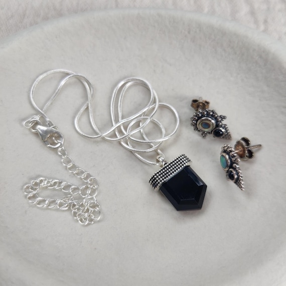 Small Crystal Necklace Silver - Onyx, Clear Quartz or Smokey Quartz