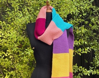 Multi colour striped knit scarf. Garter stitch scarf. Frilled edge scarf. Rainbow coloured scarf. Long knitted wool rainbow scarf.