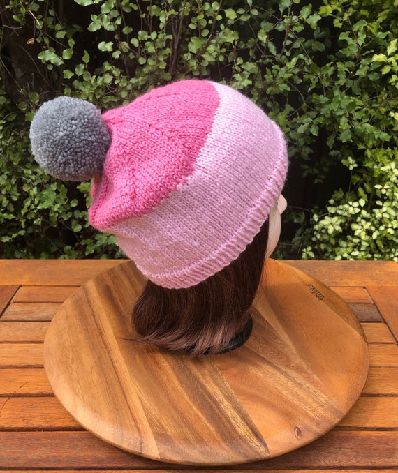 PINK 100%‎ WOOL Beanie - REMOVABLE Pom Pom - Grey Thick Knit Hand-knitted Chunky Pom Pom Beanie, 100% Merino Wool Hat  main image 3