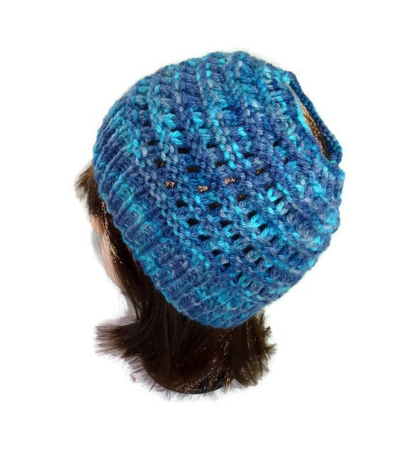 Handmade Hand Crafted Knit Messy Bun Hat adult/teen size blue Hand Knit Messy Bun Hat: Blue, Gold, & Grey Boho Ponytail  main image 2